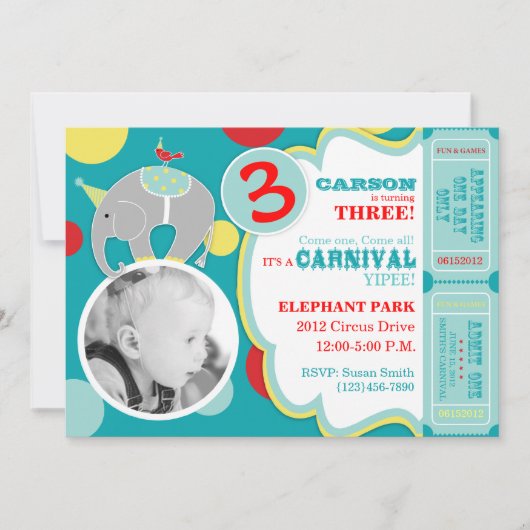 Carte d'invitation d'anniversaire Circus Elephant (Devant)