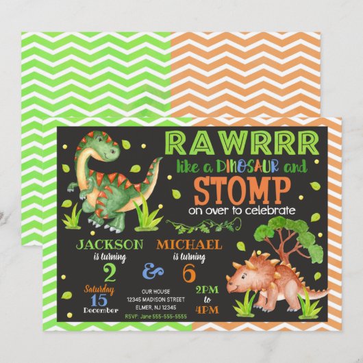 Carte d'invitation d'anniversaire conjoint de dino (Devant / Derrière)