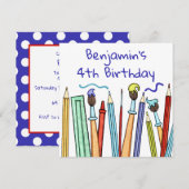 Carte d'invitation d'anniversaire Crayons et Pince (Devant / Derrière)