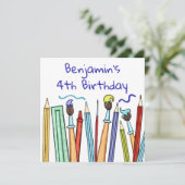Carte d'invitation d'anniversaire Crayons et Pince (Debout devant)