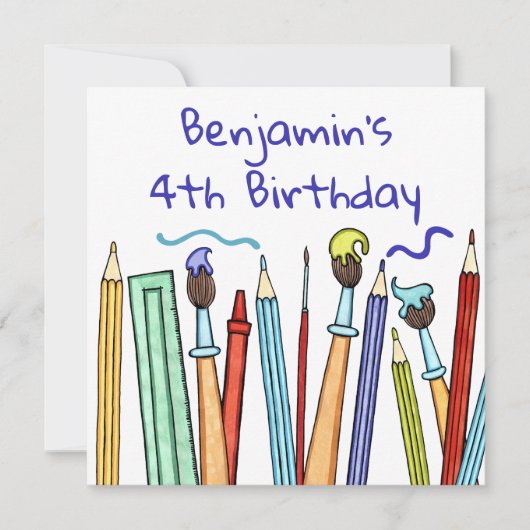 Carte d'invitation d'anniversaire Crayons et Pince (Devant)