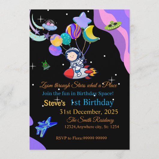 Carte d'invitation d'anniversaire dans l'espace | (Devant)