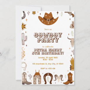 Carte d'invitation d'anniversaire de cow-boy migno