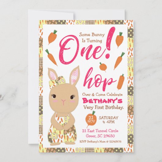 Carte d'invitation d'anniversaire de lapin mignon (Devant)