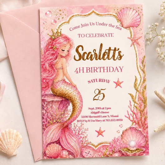 Carte d'invitation d'anniversaire de sirène rose e