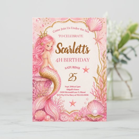 Carte d'invitation d'anniversaire de sirène rose e (Debout devant)