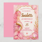Carte d'invitation d'anniversaire de sirène rose e (Devant / Derrière)