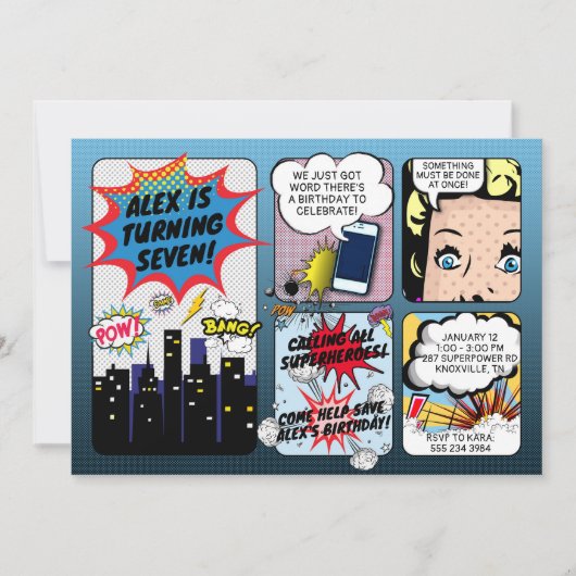 Carte d'invitation d'anniversaire de super-héros d (Devant)