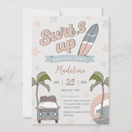 Carte d'invitation d'anniversaire du surf Ocean Be (Devant)