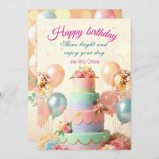 Carte d'invitation d'anniversaire, Élégante et Per (Devant / Derrière)