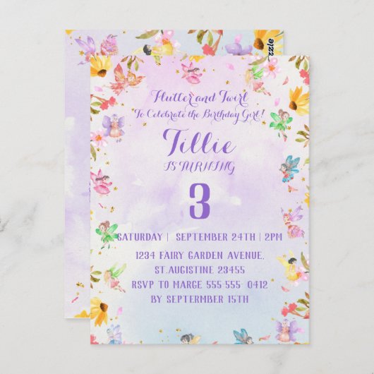 Carte d'invitation d'anniversaire Fairy Flutter et (Devant / Derrière)