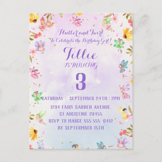 Carte d'invitation d'anniversaire Fairy Flutter et (Devant)