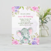 Carte d'invitation d'anniversaire Fille à l'élépha (Debout devant)