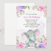 Carte d'invitation d'anniversaire Fille à l'élépha (Devant / Derrière)