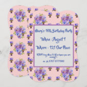 Carte d'invitation d'anniversaire florale rose pou (Devant / Derrière)