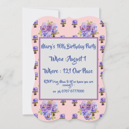 Carte d'invitation d'anniversaire florale rose pou (Devant)