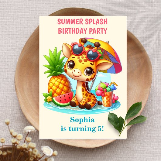 Carte d'invitation d'anniversaire Girafe Splash d'
