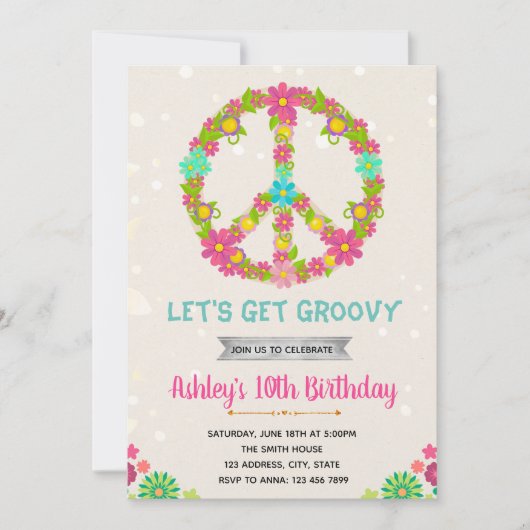 Carte d'invitation d'anniversaire hippie (Devant)