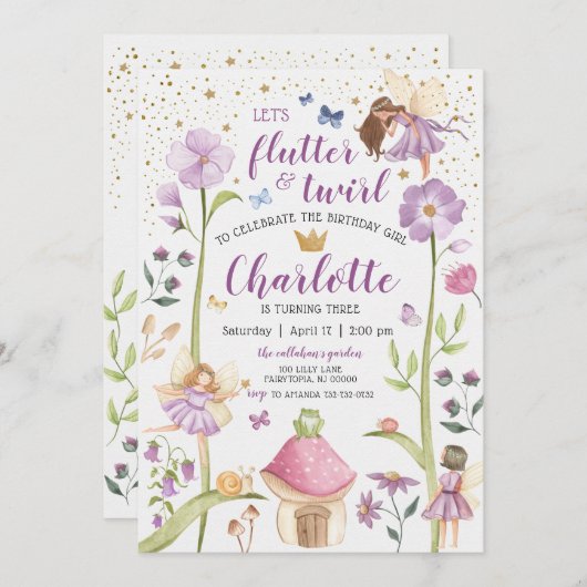Carte d'invitation d'anniversaire Jardin de fées e (Devant / Derrière)