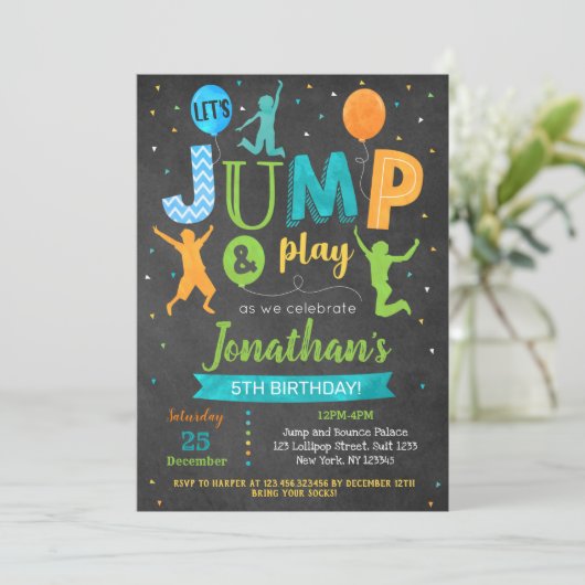 Carte d'invitation d'anniversaire Jump Bounce Tram (Debout devant)
