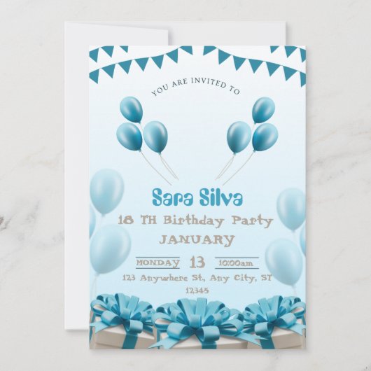 Carte d'invitation d'anniversaire moderne bleue (Devant)