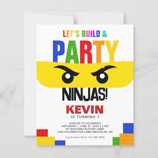 Carte d'invitation d'anniversaire Ninja Blocs de c (Devant)