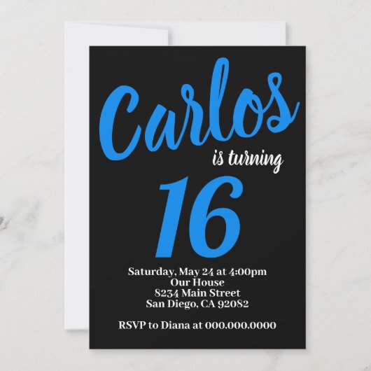 Carte d'invitation d'anniversaire noire et bleue p (Devant)