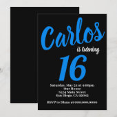 Carte d'invitation d'anniversaire noire et bleue p (Devant / Derrière)