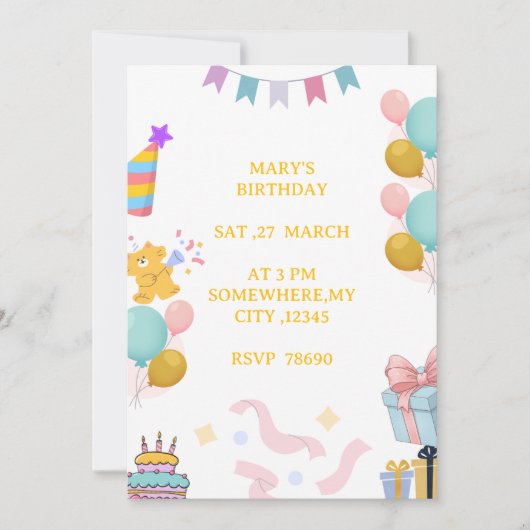 Carte d'invitation d'anniversaire pastel mignonne (Devant)