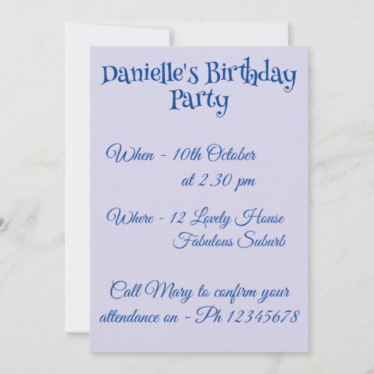 Carte d'invitation d'anniversaire pour fille thème (Dos)