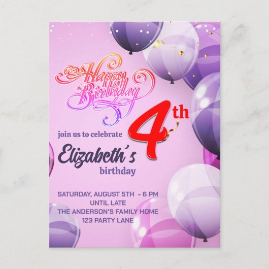 CARTE D'INVITATION D'ANNIVERSAIRE POUR FILLES DE 4 (Devant)