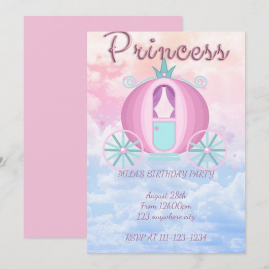 CARTE D'INVITATION D'ANNIVERSAIRE PRINCESSE ROSE (Devant / Derrière)