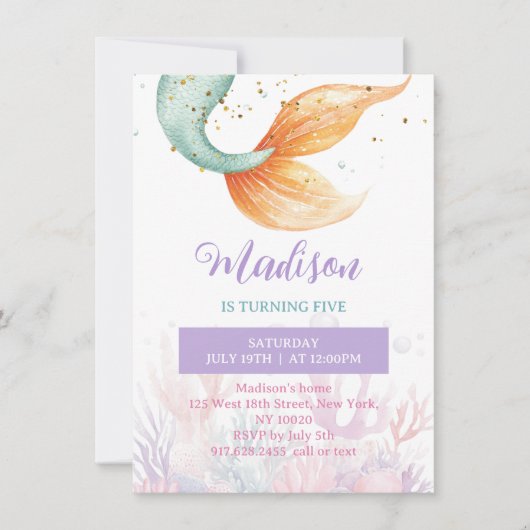 Carte d'invitation d'anniversaire Queue de Sirène  (Devant)