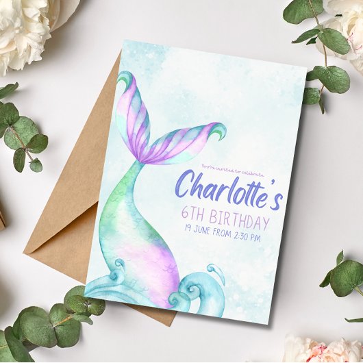 Carte d'invitation d'anniversaire queue de sirène 