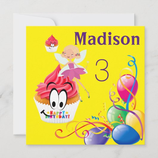 Carte d'invitation d'anniversaire rayée FairyCupca (Devant)