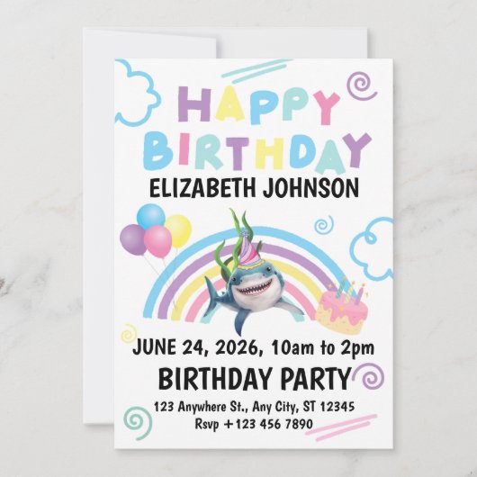 Carte d'invitation d'anniversaire requin en blanc (Devant)