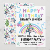 Carte d'invitation d'anniversaire requin en blanc (Devant / Derrière)