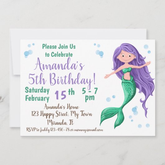 carte d'invitation d'anniversaire sirène (Devant)