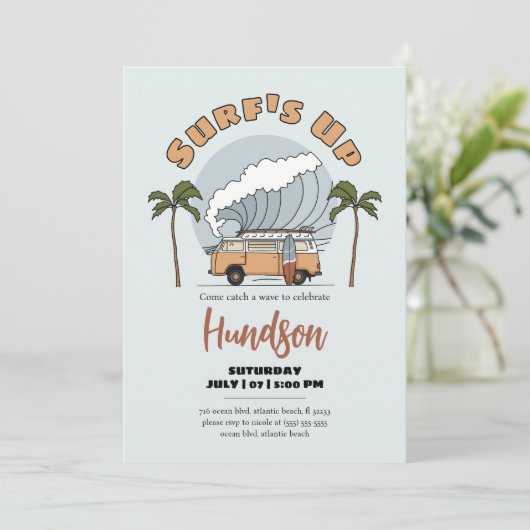 Carte d'invitation d'anniversaire surf Up Beach (Debout devant)