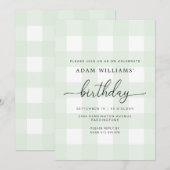 Carte d'invitation d'anniversaire verte à carreaux (Devant / Derrière)
