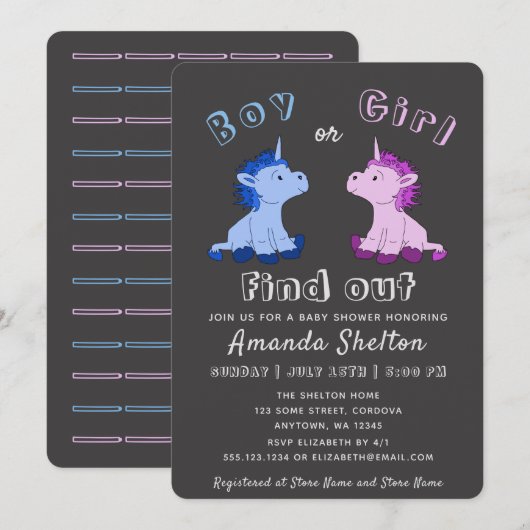 Carte d'invitation de Baby shower de révélation de (Devant / Derrière)