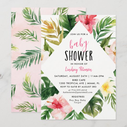 Carte d'invitation de Baby shower Feuilles tropica (Devant / Derrière)