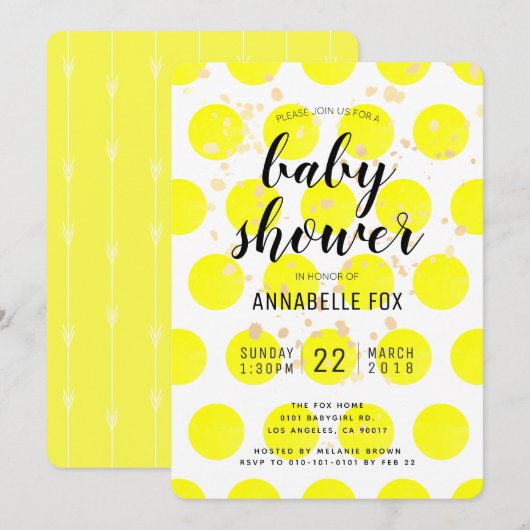 Carte d'invitation de Baby shower Pois Jaune Neon (Devant / Derrière)