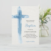 Carte d'invitation de baptême avec croix bleue (Debout devant)