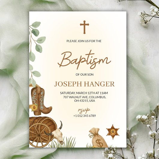 Carte d'invitation de baptême avec un thème rustiq