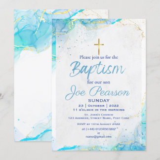 Carte d'invitation de baptême bleu chic pour fils