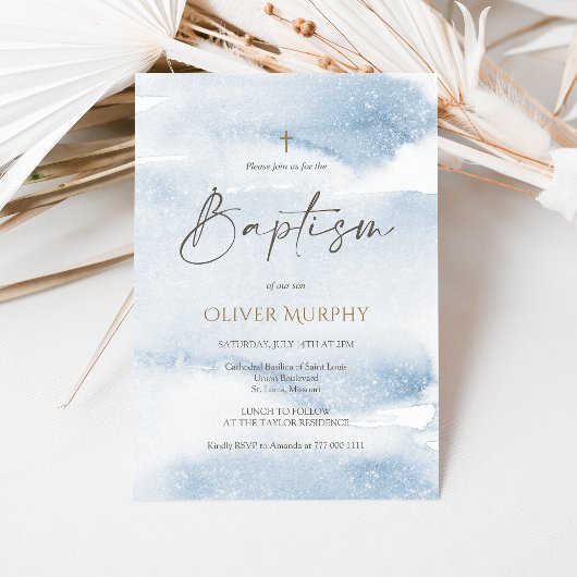 Carte d'invitation de baptême garçon aquarelle ble