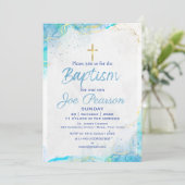 Carte d'invitation de baptême stylée bleue pour fi (Debout devant)