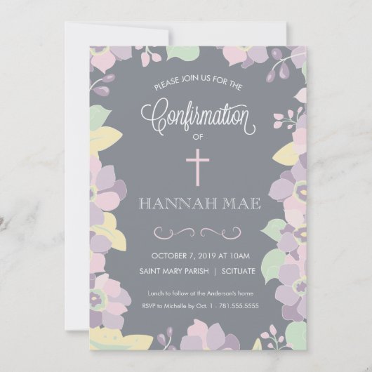 Carte d'invitation de confirmation avec fleurs et  (Devant)