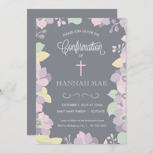 Carte d'invitation de confirmation avec fleurs et (Devant / Derrière)